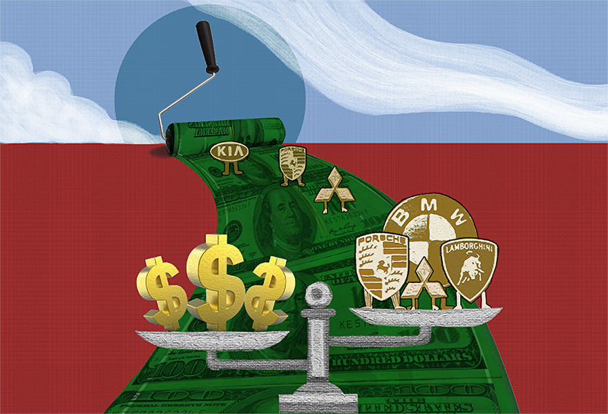 A weighing scales with dollar symbols and car brands. A weighing scales with dollar symbols and car brands.
