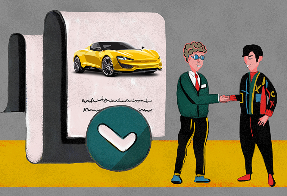 Two men shaking hands. A document with a drawn car on the background. Two men shaking hands. A document with a drawn car on the background.