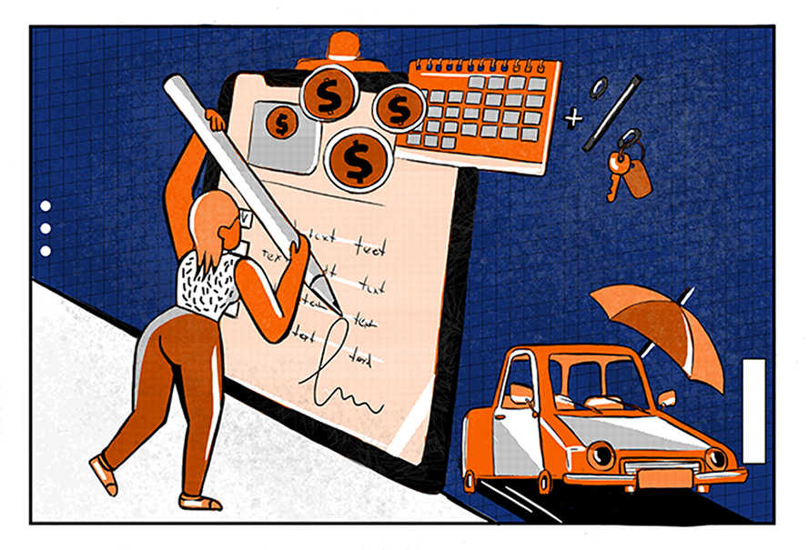 An illustration of a woman signing a loan agreement next to her future leased car and its keys. An illustration of a woman signing a loan agreement after understanding how does financing a car work