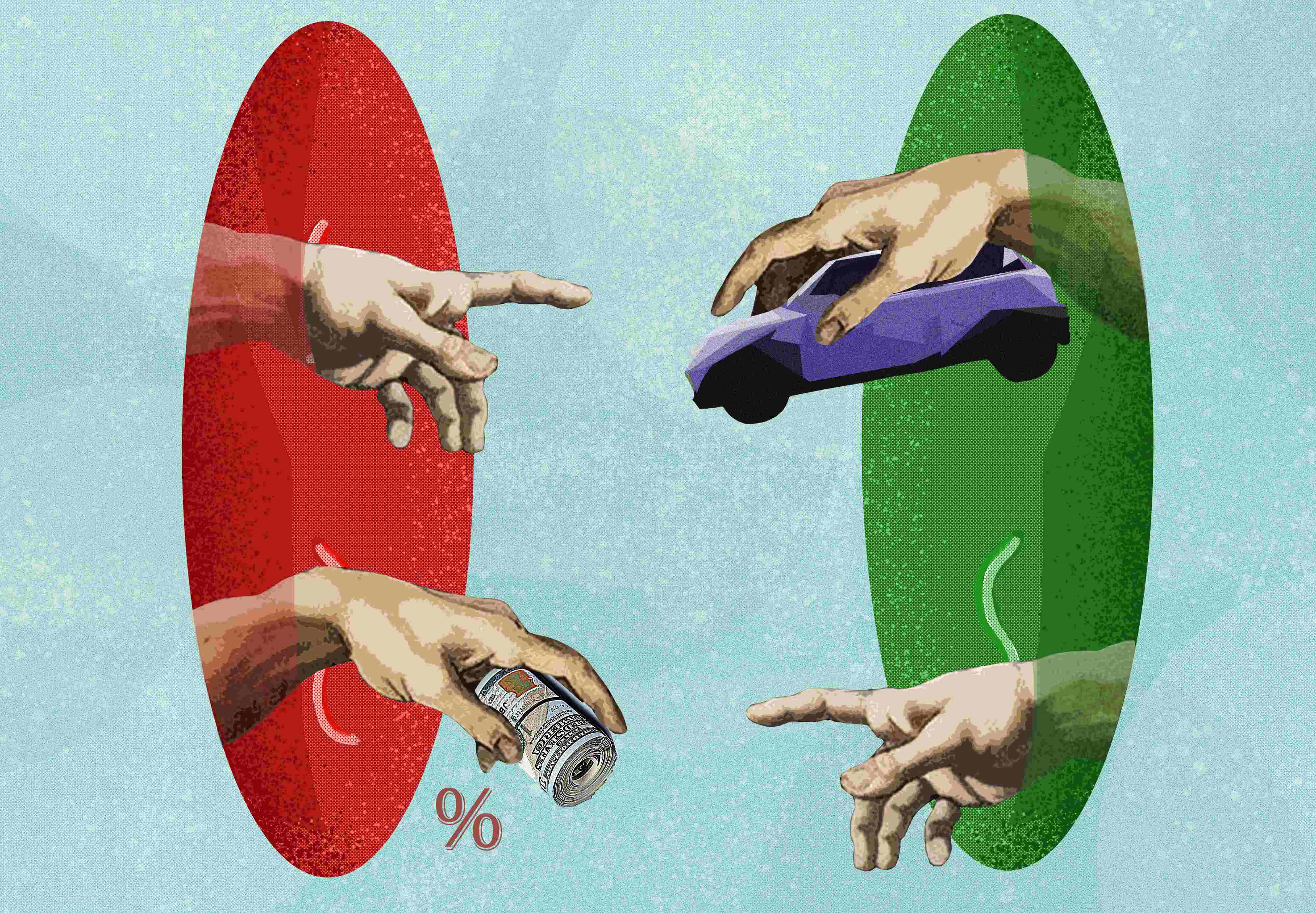 One pair of hands on the right gives the car and takes the money, other pair of hands on the left gives the money and takes the car.