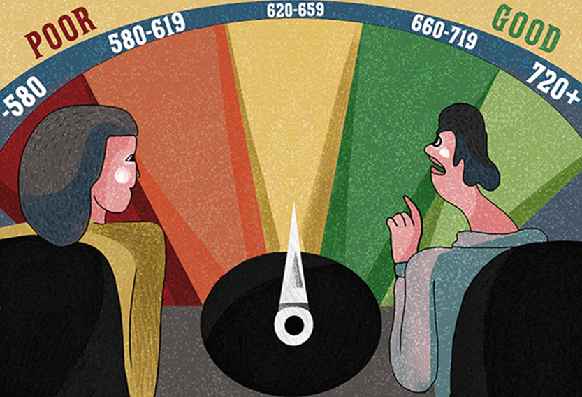 A man and a woman sitting on the front seats of the car, but there is a credit rating scale instead of the front glass. A man and a woman sitting on the front seats of the car, but there is a credit rating scale instead of the front glass.