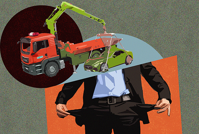 A man in a business suit turning his empty pockets out, while a tow truck is taking his car away. A man in a business suit turning his empty pockets out, while a tow truck is taking his car away.